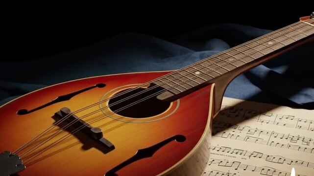 Mandolin resting on sheet music with candle in soft lighting