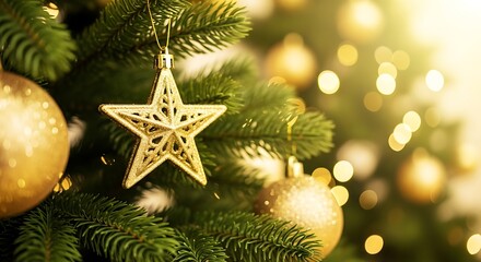 Closeup of a golden star ornament hanging on a christmas tree branch with bokeh lights