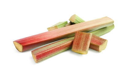 Cut fresh rhubarb stalks isolated on white