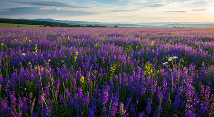 Obraz premium Vibrant Purple Flower Field with Distant Hills Under a Golden Hour Sky