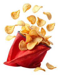 Crispy Potato chips fly out of red bag isolated on white background ,PNG. AI GENERATED.