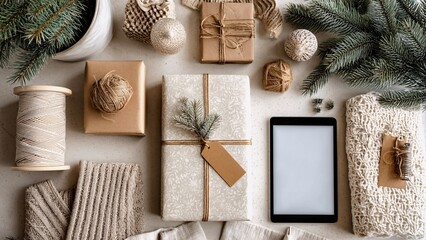 Flat lay showing cozy winter holidays decoration, wrapped gifts, craft supplies, a warm knitted blanket, evergreen branches, twine, and a blank screen tablet ready for festive preparations