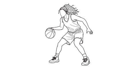 Line art illustration of a female basketball player dribbling a ball. Outline drawing showing motion, energy, and athletic movement. Black and white sports design concept for education, posters