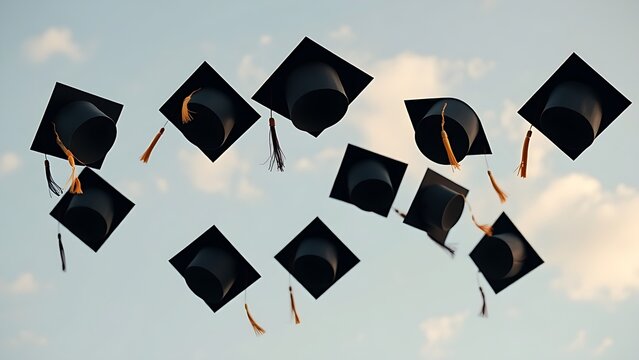 Graduation caps soaring in the sky, celebrating academic success and new beginnings.