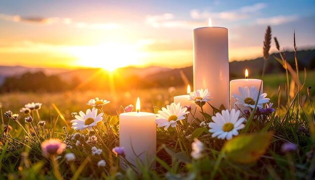 Peaceful candles in a field at sunset - Powered by Adobe