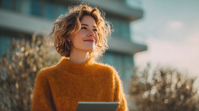 A young woman with curly blonde hair smiles warmly, bathed in sunlight while holding a digital tablet, as she looks up towards the sky, with a modern building in the background and an out-of-focus...