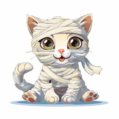 Cartoon kitten wrapped in bandages like a mummy, sitting and smiling on a white background.