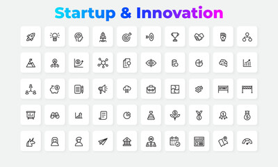 Clean line icons representing startup culture, teamwork, planning, growth metrics, innovation, and success. Perfect for marketing, and project visuals to convey entrepreneurship and progress