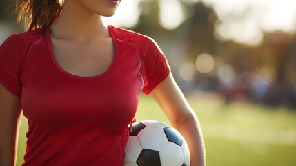 A young person, wearing a red athletic shirt, holds a soccer ball on a sunny day outdoors.