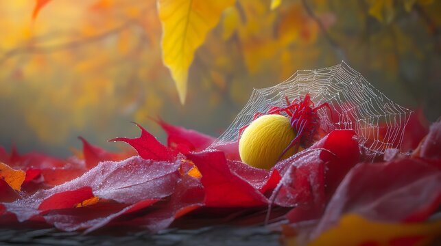 Artistic autumn scenery with a yellow spider and dew covered web on leaves