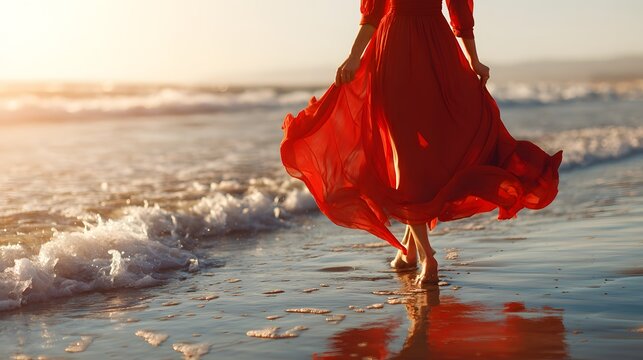Woman in flowing red dress walks barefoot along the shoreline at sunset, as waves gently lap the beach creating a serene scene with a warm, golden-hour light.