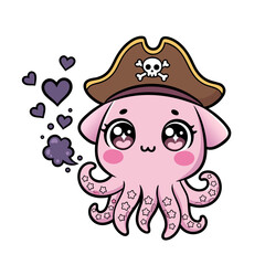 A cute kawaii octopus pirate character with a skull hat blowing love hearts