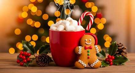 Cozy christmas scene with hot chocolate, gingerbread man, and festive lights