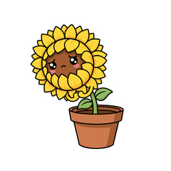 Cute cartoon sunflower character with a sad expression in a pot