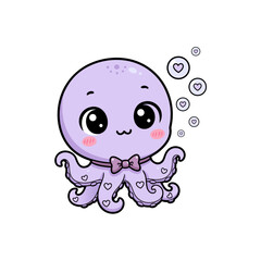 Adorable purple baby octopus cartoon with a bow tie and hearts concept