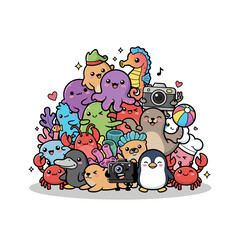 A cheerful gathering of cute cartoon sea life friends posing together for a group photograph