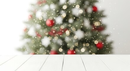 Blurred christmas tree with bokeh lights and falling snow over a wooden table