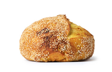 Loaf of fresh bread with sesame seeds isolated on white