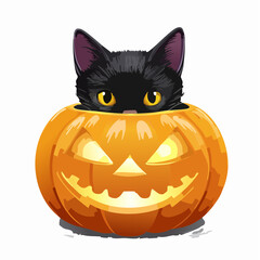 A black cat sits inside a carved orange Halloween pumpkin with a spooky, smiling face.
