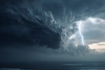 雷雲の中に現れる巨大なドラゴンの幻想的な姿