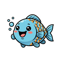 Adorable chubby blue cartoon fish with orange fins smiling happily underwater with bubbles
