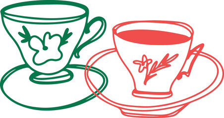 Tea Cups Collection Line Drawing Sketch	