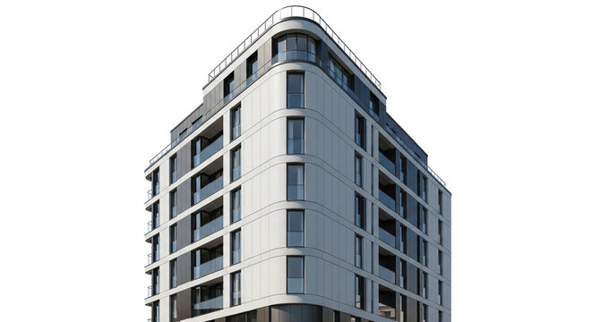 Modern architectural design of a tall building with curved edges and balconies isolated on white background