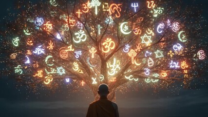 Meditating figure under illuminated tree of religious symbols
