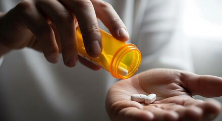 Closeup of a persons hand pouring white pills from an orange prescription bottle into their palm