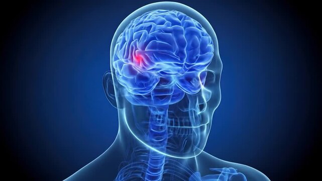 Medical illustration of human brain and skull with digital effect