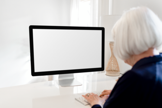 Computer screen png mockup, transparent display with senior woman typing