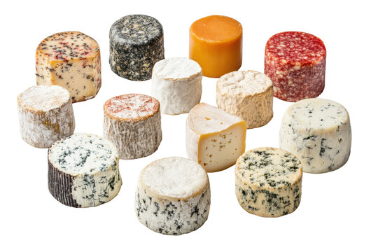 Assortment of artisan cheeses isolated on transparent background. Various cheese selection isolated on white background.