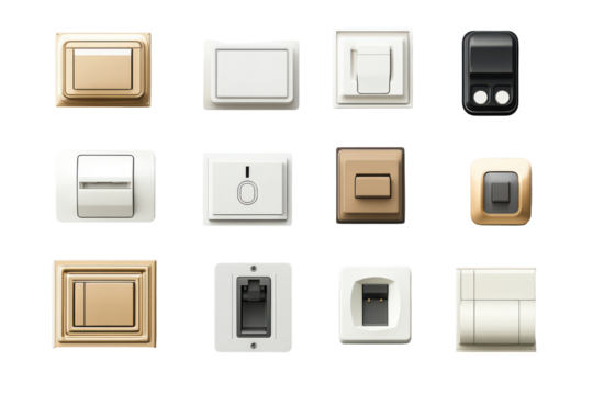 Collection of electrical switches and outlets isolated on transparent background. Various light switches modern vintage and bronze design collection isolated on white background.