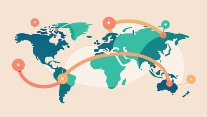 Obraz premium Flat world map illustration with colorful location markers and curved lines representing global connections and international network