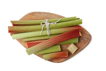 Pieces of rhubarb stalks isolated on white, top view