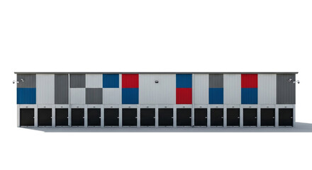 Long row of colorful self storage units isolated on white background for storing personal or business items in a safe and secure location
