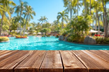 Wooden table in front of a tropical resort pool