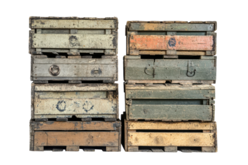 Stack of three vintage travel trunks isolated on transparent background. Vintage military crates stack isolated on white background.