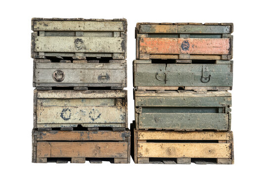 Stack of three vintage travel trunks isolated on transparent background. Vintage military crates stack isolated on white background.