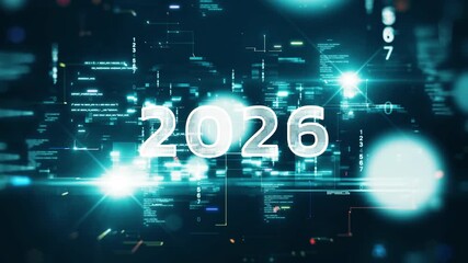 Happy New Year Glowing futuristic numbers 2026 with abstract data streams, neon lights, and digital code background symbolizing technology, innovation, and the future - Powered by Adobe