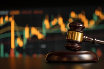 Gavel on a table with stock market background
