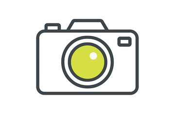 Minimalist digital camera icon featuring a bright lime green lens element