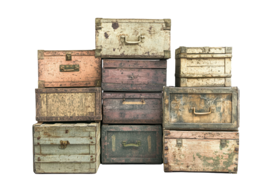 Stack of three vintage travel trunks isolated on transparent background. Vintage military crates stack isolated on white background.