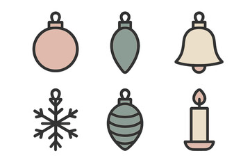 Outline style collection of festive Christmas and winter holiday elements like ornaments, bell, and candle