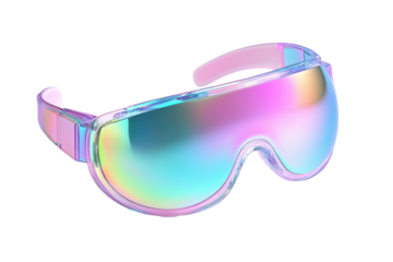Futuristic iridescent visor sunglasses isolated on transparent background. Virtual reality glasses isolated on white background.