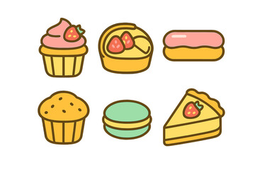 Assortment of sweet baked goods icons including cupcake, muffin, macaron, eclair, tart, and cheesecake