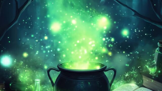 Enchanted forest cauldron with glowing green potion in mystic night scene