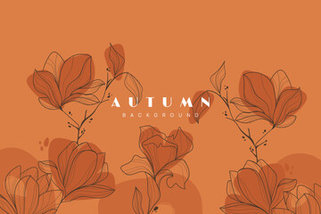 Autumn leaf on horizontal background. Wallpaper of leaf stalk line art and shadows on orange background. Fall seasonal vector illustration.