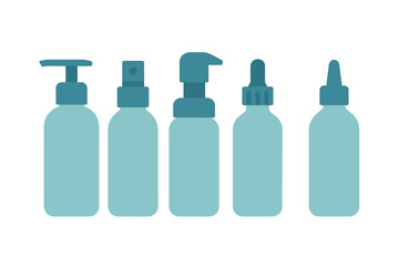 Minimalist collection of blank cosmetic and pharmaceutical bottles with various dispenser types