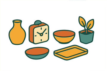 Stylized collection of household objects including alarm clock, vase, bowls, and potted plant